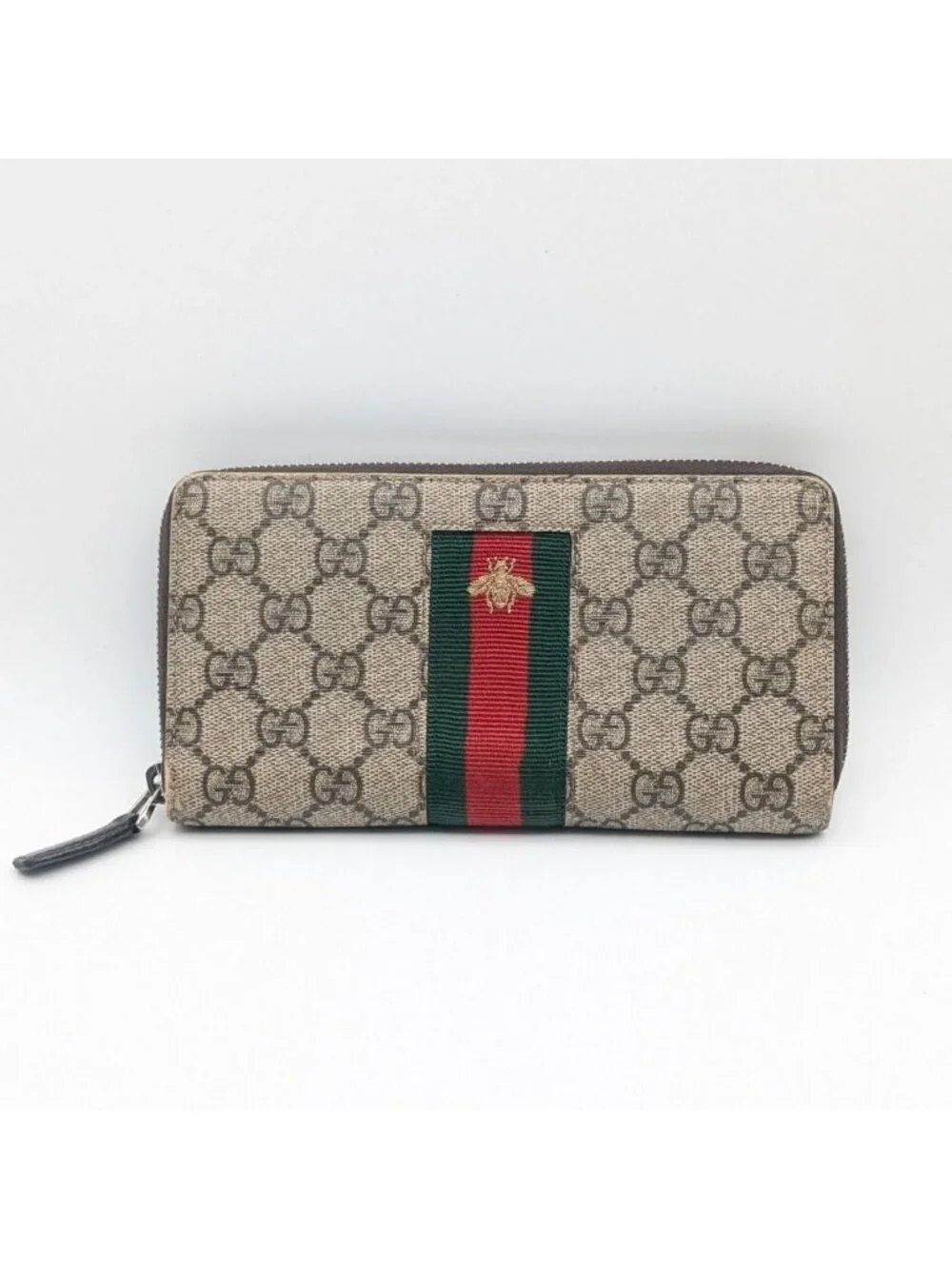 Gucci GG Supreme Sherry Line Bee Zip Around Wallet